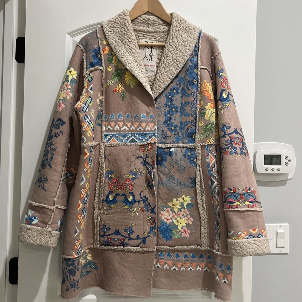 Johnny Was Gigianna Faux Sherling Coat Patchwork Multi Color MED